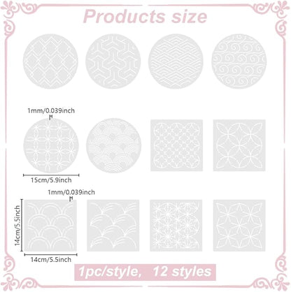 FREEBLOSS Sashiko Stencils - Geometric Embroidery Patterns for Drawing and Hand Quilting - 14x14cm