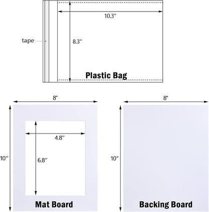 Egofine Pack of 10 White Mat Board Pre-Cut 8x10 Picture Mat for 5x7 Photo with White Core Bevel Cut Mattes Sets. Includes 10 High Premier Acid Free Mats & 10 Backing Board & 10 Clear Bags
