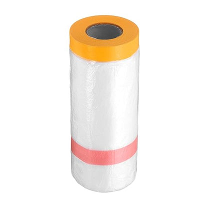 HARFINGTON Pre-Taped Masking Film 43.3" x65.6ft Double Adhesive Tape and Drape Painters Plastic Drop Cloth Film with Tape Plastic Sheeting for Automotive Painting Covering