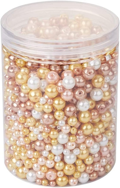 About 1695Pcs 4/6/8mm Glass Pearl Beads Pearlized Beads Multi Colors Round Spacer Beads for DIY Craft Jewelry Making Hole: 1mm, Mixed Gold