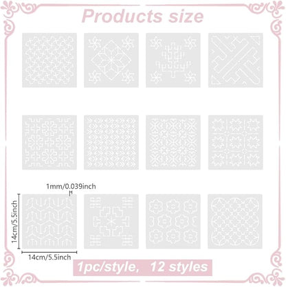 FREEBLOSS Sashiko PET Stencils - Geometric Hand Embroidery Patterns for Drawing and Quilting - 14x14cm Template
