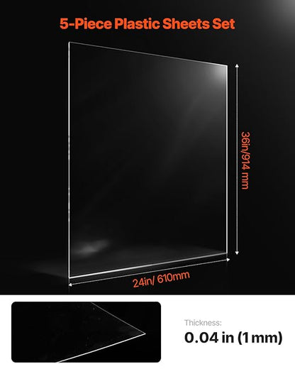 VEVOR PET/Plexiglass Sheets, 5-Pack Plastic Sheet, 24 x 36 Inch 0.04 Inch Thick Transparent Clear Flexible Plastic Panels for Craft, Replacement Picture Frame Glass, DIY Display Project, Easy to Cut