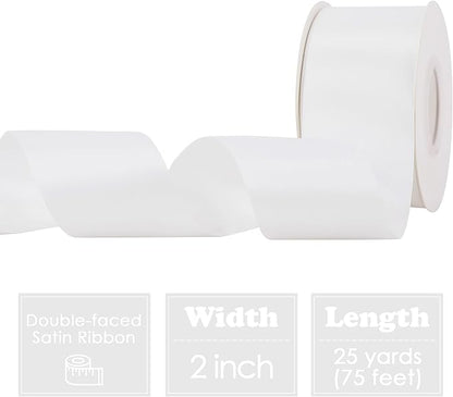 HUIHUANG White Satin Ribbon 2 inch Wide Double Side White Silk Fabric Ribbon for Crafts, Bows Making, Flower Bouquet Wrap, Gift Wrapping, Wedding Bridal Shower Decor, Home Decor -25 Yards/Roll