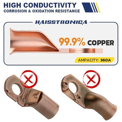 haisstronica 10pcs 4/0 AWG - 5/16"(M8) Battery Cable Lugs, Heavy Duty Copper Wire Lugs with 10pcs 3:1 Adhesive Heat Shrink Tubing, 0000 Gauge Wire Lugs, Battery Terminal Connector, Battery Cable Ends