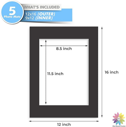 MBC Mat Board Center, 5 Pack 12x16 for 9x12 Black Picture Mats Frame Mattes, Bevel Cut, Acid Free, 4-ply Thickness