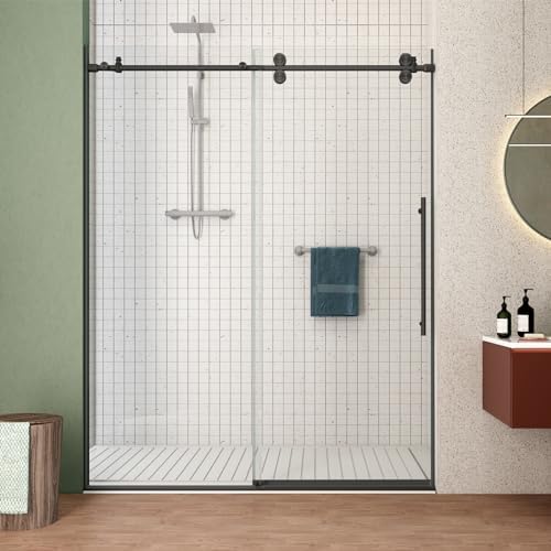 Sunrosa Frameless Sliding Shower Door 44-48" W x 76" H, Matte Black by ElevateYourEverydayShower
