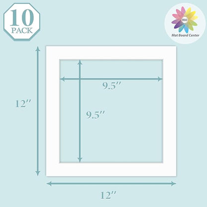 MBC Mat Board Center, 10 Pack 12x12 for 10x10 White Picture Mats Frame Mattes, Bevel Cut, Acid Free, 4-ply Thickness
