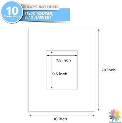 MBC MAT BOARD CENTER, 10 Pack 16x20 for 8x10 White Picture Mats Frame Mattes, Bevel Cut, Acid Free, 4-ply Thickness