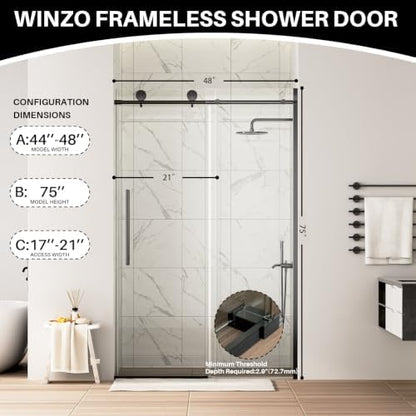 WinZo Frameless Sliding Glass Shower Door 44-48 in W x 75 in H - Image 3