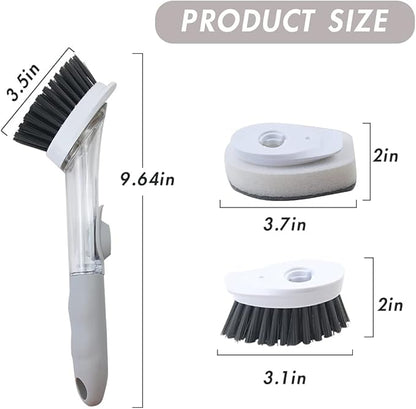 Soap Dispensing Dish Brush with 4 Replaceable Heads, Updated No Leaking Soap Dish Scrubber Soap Dispenser, Kitchen Dish Brush with Soap Dispenser for Pot Pan Sink Cleaning(Light Gray)