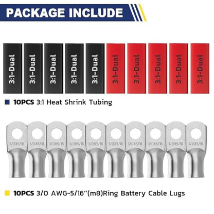 haisstronica 10pcs 3/0 AWG - 5/16"(M8) Tinned Copper Battery Lugs