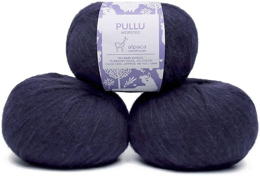 Pullu - Baby Alpaca Merino Wool Yarn Set of 3 Skeins (150 Grams) Worsted Weight - Sourced Directly from Peru - Heavenly Soft and Perfect for Knitting and Crocheting (Navy Blue)