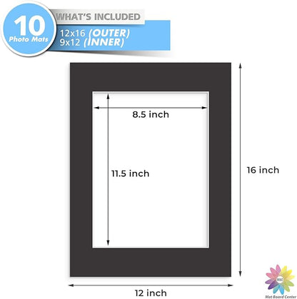 MBC Mat Board Center, 10 Pack 12x16 for 9x12 Black Picture Mats Frame Mattes, Bevel Cut, Acid Free, 4-ply Thickness