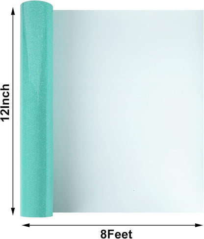 FUNKAKA Glitter Fluorescent Light Blue HTV Heat Transfer Vinyl Rolls, 12" x 8ft PU Iron on Vinyl for T-Shirts Glitter HTV Vinyl for All Cutter Machines Easy to Cut & Weed for DIY Design