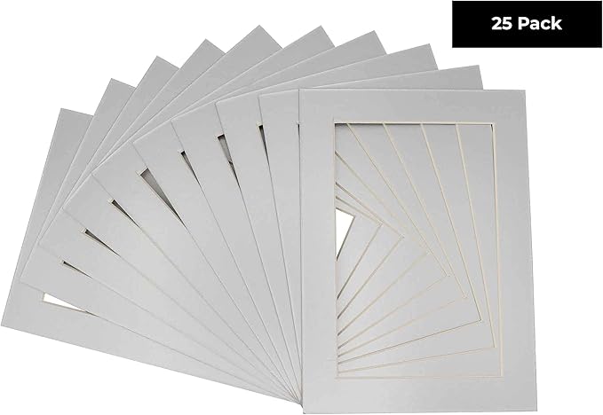 5x7 Mat for 8.5x11 Frame - Precut Mat Board Acid-Free Metallic Silver 5x7 Photo Matte For a 8.5x11 Picture Frame, Premium Matboard for Family Photos, Show Kits, Art, Picture Framing, Pack of 25 Mats