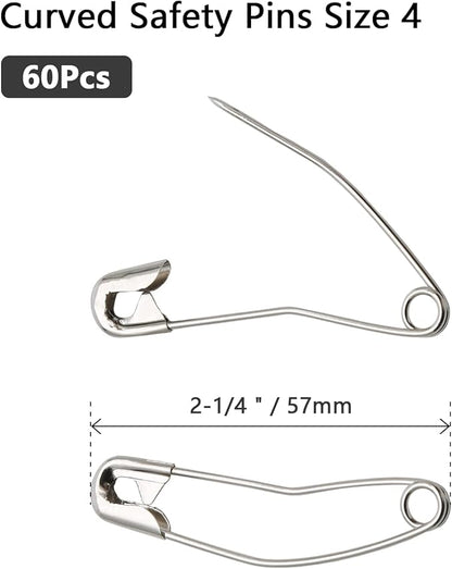 60Pcs Curved Safety Pins Size 4, 2-1/4 inch / 57mm Quilting Basting Pins, Bent Safety Pins for Quilting and Knitting (Sliver)