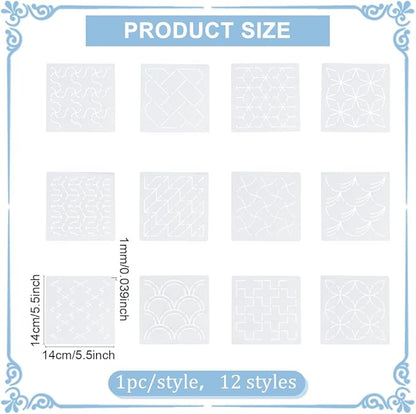 FREEBLOSS 12Pcs Sashiko Stencils Sashiko Embroidery PET Template Drawing Line Template for Hand Quilting Sashiko Patterns Templates Embroidery Stencils 5.5 * 5.5''