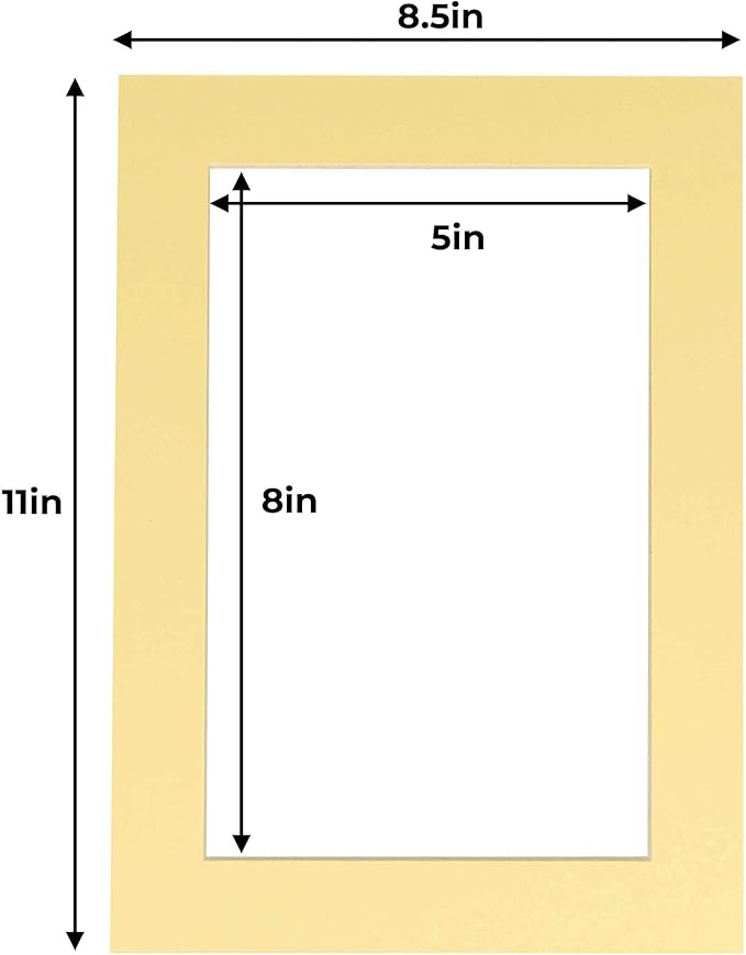 5.5x8.5 Mat for 8.5x11 Frame - Precut Mat Board Acid-Free Show Kit with Backing Board, and Clear Bags Soft Yellow 5.5x8.5 Photo Matte For a 8.5x11 Picture Frame Matboard for Framing, Pack of 25 Mats