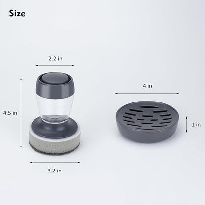 Dish Brush with Soap Dispenser, Kitchen Scrub Brush for Dishes Pots Pans Sink Cleaning, Scrub Sponge Dish Scrubber with Holder Set (Grey Handle & Scrub Sponge)