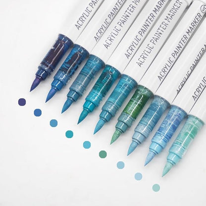 Water Based Acrylic Paint Markers Blue, 9 Colors Acrylic Paint Pens Set with Soft Brush Tip, Marker Pen for Rock Painting, Egg, Wood, Glass, Paper, Mugs, Acrylic Painter Ink (Dusty Blue)