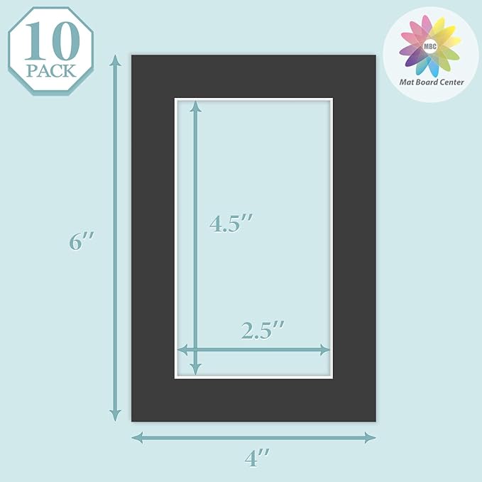 MBC MAT BOARD CENTER, 10 Pack 4x6 for 3x5 Black Picture Mats Frame Mattes, Bevel Cut, Acid Free, 4-ply Thickness