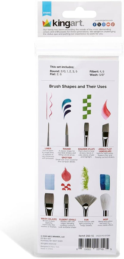 KINGART 10-Piece Paint Brushes, Acrylic Painting Brush Set, Watercolor Brushes, Acrylic Brushes for Oil Watercolor, Nail Miniature Detailing, and Rock Painting