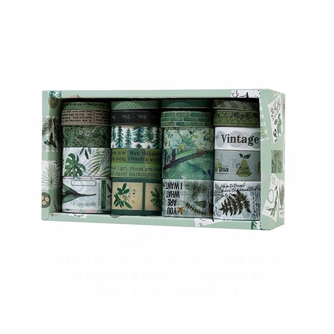 MAFELOE Decorative Vintage Washi Tapes Set 20 Rolls 2 Meters Long, Adhesive Scrapbook Junk Journaling Art Craft Collage Supplies-Forest Dream Series-Green (WT-M4-SLMJ)