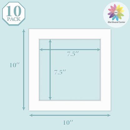 MBC Mat Board Center, 10 Pack 10x10 for 8x8 White Picture Mats Frame Mattes, Bevel Cut, Acid Free, 4-ply Thickness