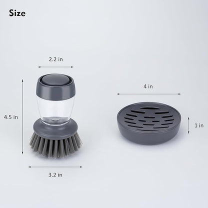 Dish Brush with Soap Dispenser, Kitchen Scrub Brush for Dishes Pots Pans Sink Cleaning, Dish Scrubber with Holder Set (Grey Handle & Nylon Bristles)