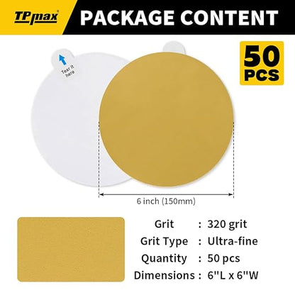 6-Inch 320-Grit Gold PSA Sanding Discs, 50 Pack – Pro-Grade Self-Adhesive Stickyback Sandpaper with Quick-Release Tabs for DA Sander, Ultra-Fine Automotive/Wood/Metal Sanding