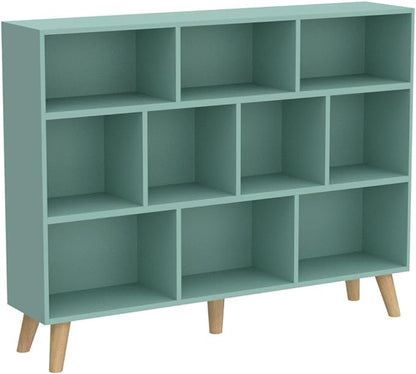 IOTXY Wooden Open Shelf Bookcase - 3-Tier Floor Standing Display Cabinet Rack with Legs, 10 Cubes Bookshelf, Tiffany-Green
