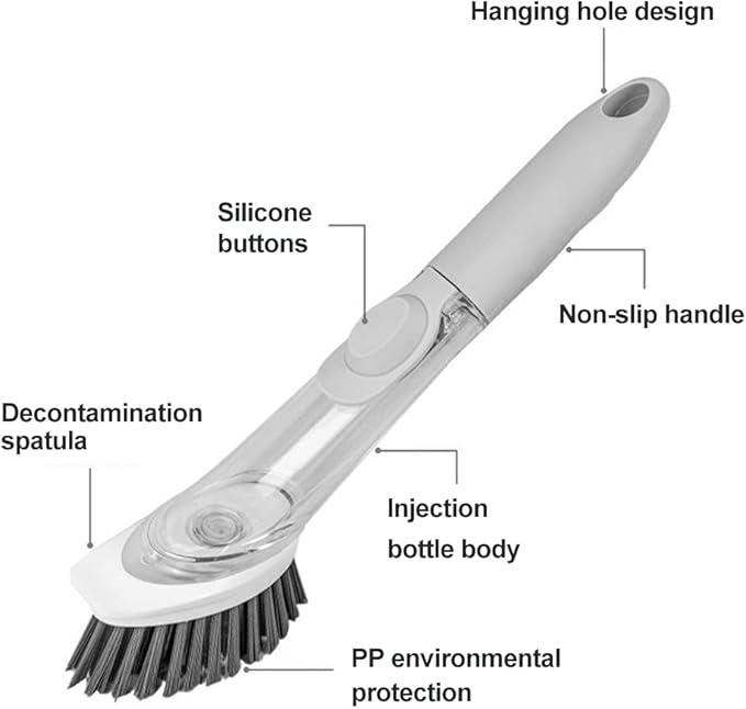 Soap Dispensing Dish Brush with 4 Replaceable Heads, Updated No Leaking Soap Dish Scrubber Soap Dispenser, Kitchen Dish Brush with Soap Dispenser for Pot Pan Sink Cleaning(Light Gray)
