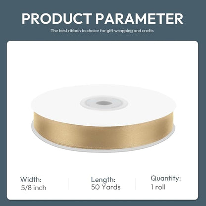 5/8" Wide x 50 Yards Polyester Satin Ribbon - Single Faced Champagne Gold, Perfect for Wedding Decor, Wreath, Crafts & Gift Wrapping