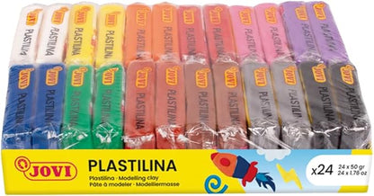 Jovi - Plastilina, 24 Bars of Reusable and Non-Drying Modeling Clay in 12 Assorted Colors, 100% Vegetable-Based, Non-Toxic and Gluten-Free, for Arts & Crafts Projects, Total of 2.64lb