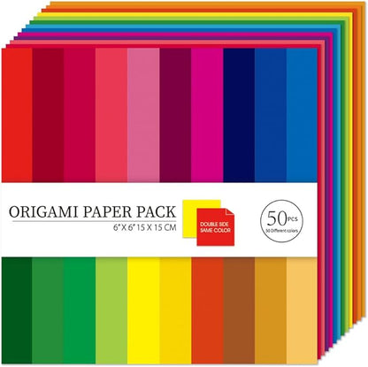 Square Origami Paper 6x6 Double Sided 50 Sheets 50 Colors 70GSM Origami Kit Japanese Chiyo Easy Fold Arts Crafts DIY Handwork Beginner Solid Color