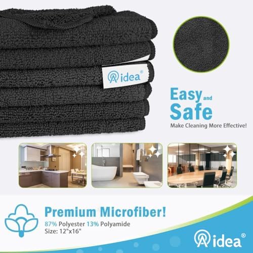 AIDEA Black Microfiber Cleaning Cloth-8PK, Cleaning Rags 12"x 16" Reusable - Image 2