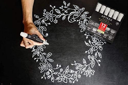 ARTEZA Liquid White Chalk Markers Set of 12, Fine Tip, Washable Water-Based Pens for Chalkboards, Glass, Car Windows, Restaurant Menu Boards and Signs