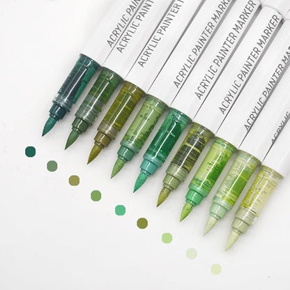 Water Based Acrylic Paint Markers Green, 9 Colors Acrylic Paint Pens Set with Soft Brush Tip, Marker Pen for Rock Painting, Egg, Wood, Glass, Paper, Mugs, Acrylic Painter Ink (Sage Green)