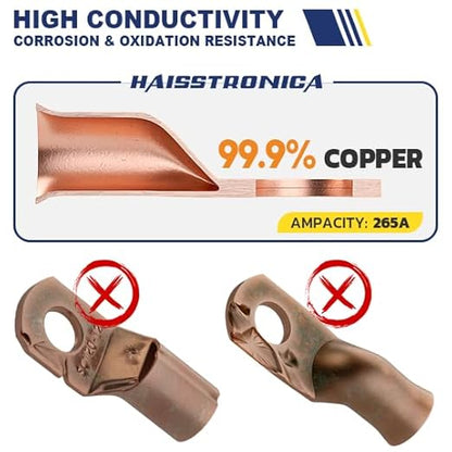 haisstronica 10pcs 2/0 AWG - 5/16"(M8) Tinned Copper Battery Lugs