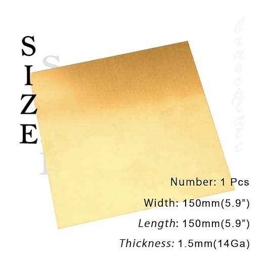 14 Gauge Brass Sheet，H62 Brass Plates Metal 0.059" Thickness x 5.9" Width x 5.9" Lenght, for Models, Crafts, Repairs, Electrical, 1Pcs