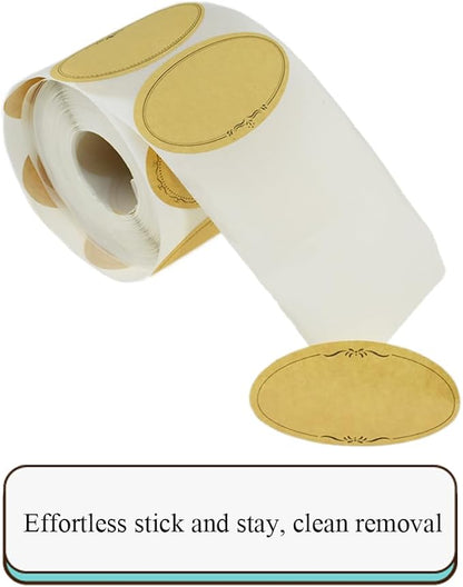 HAHIYO 1.4 * 2.5In 500P Oval Brown Kraft Stickers with Artistic Border - 4 Unique Styles Blank Kraft Labels Roll to Write On Durable Dot Stickers for Jar Canning Labels Price Tags Store Organizing