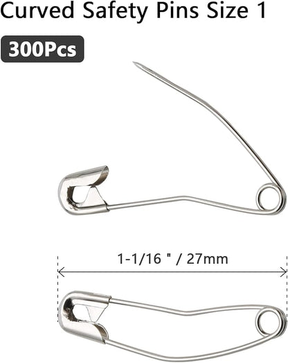 300Pcs Curved Safety Pins Size 1, 1-1/16 inch / 27mm Quilting Basting Pins, Bent Safety Pins for Quilting and Knitting (Sliver)