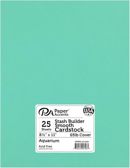 PA Paper Accents Stash Builder Cardstock 8.5" x 11" Aquarium, 65lb colored cardstock paper for card making, scrapbooking, printing, quilling and crafts, 25 piece pack