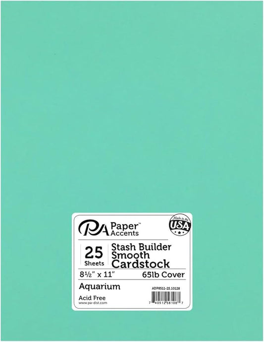 PA Paper Accents Stash Builder Cardstock 8.5" x 11" Aquarium, 65lb colored cardstock paper for card making, scrapbooking, printing, quilling and crafts, 25 piece pack
