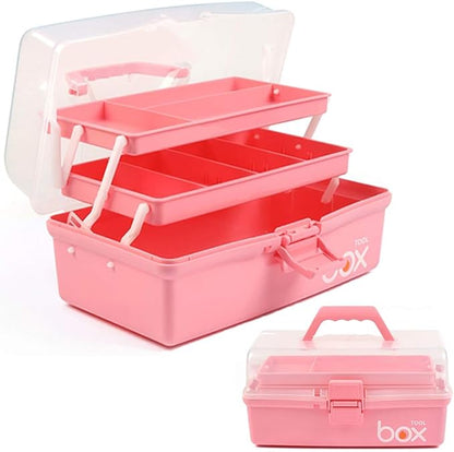 12in Three-Layer Multipurpose Storage Box Organizer Folding Tool Box/Art & Crafts Case/Sewing Supplies Organizer/Family First Aid organizer/Medicine Storage with 2 Trays (Pink)