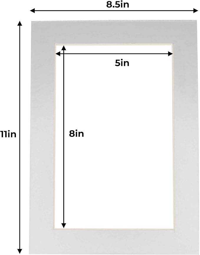 5.5x8.5 Mat for 8.5x11 Frame - Precut Mat Board Acid-Free Metallic Silver 5.5x8.5 Photo Matte for a 8.5x11 Picture Frame, Matboard for Family Photos, Show Kits, Art, Picture Framing, Pack of 10 Mats