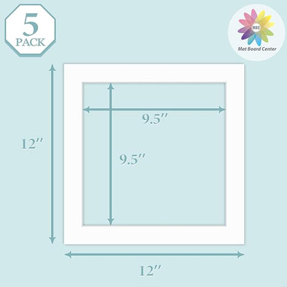 MBC Mat Board Center, 5 Pack 12x12 for 10x10 White Picture Mats Frame Mattes, Bevel Cut, Acid Free, 4-ply Thickness