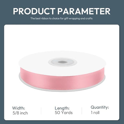 KMER LIFE 5/8" Wide x 50 Yards Pink Single Faced Polyester Satin Ribbon, Pink Satin Ribbon Perfect for Wedding Decor, Wreath, Crafts, Gift Wrapping & Other Projects (Pink)