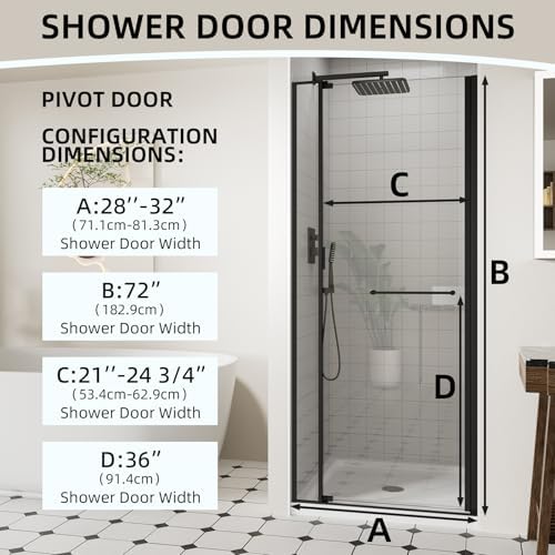 ACE DECOR 28-32" W x 72" H Frameless Pivot Glass Shower Door, Matte Black - Image 2