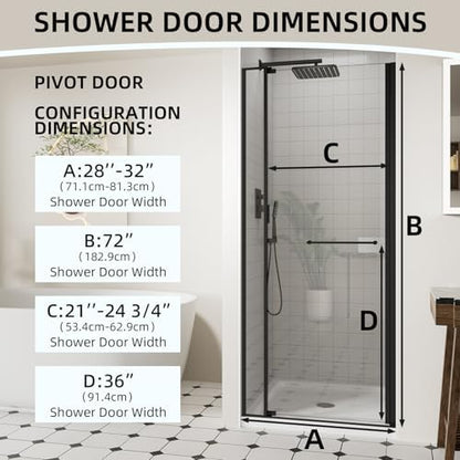 ACE DECOR 28-32" W x 72" H Frameless Pivot Glass Shower Door, Matte Black - Image 2